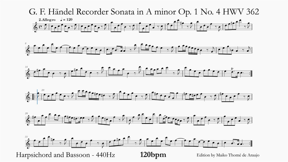 2 ALLEGRO - CFa 440Hz 120Bpm- Recorder Sonata in A minor Op. 1 No. 4 HWV 362